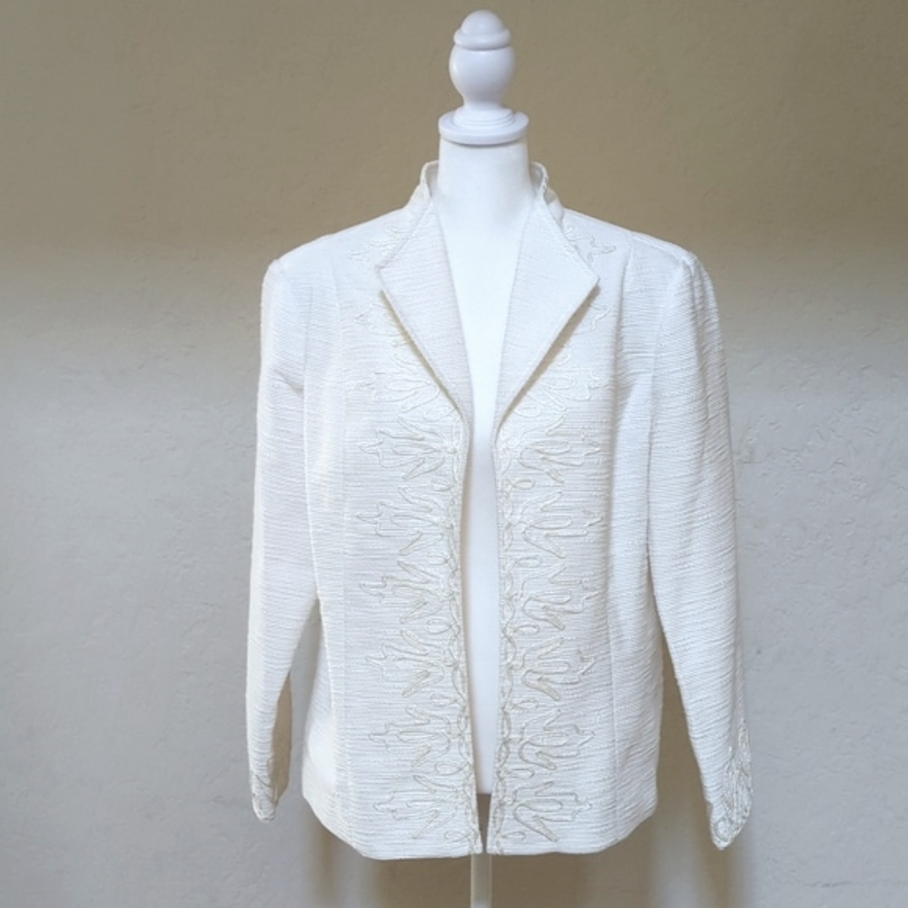 Coldwater Creek Cream Soutache Detailed Textured Open Front Jacket Size LP